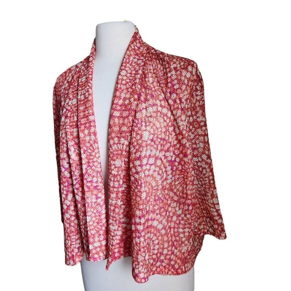 Ruby Rd Cardigan Women Size LARGE Orange Red‎ Mesh Lace Shrug Open Front Boho - Picture 3 of 13